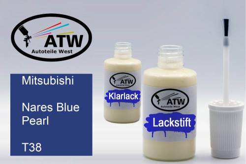 Mitsubishi, Nares Blue Pearl, T38: 20ml Lackstift + 20ml Klarlack - Set, von ATW Autoteile West.